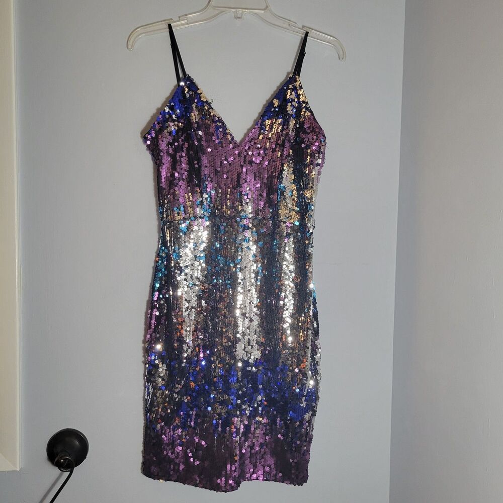 Fashion Nova NWT Women's Black Blue Silver Sequin Bodycon Party Dress Size L